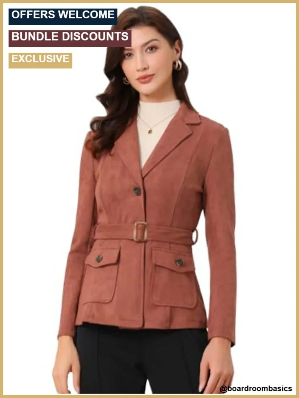 Faux Suede Belted Blazer with Pockets for Women